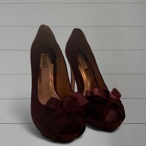Badgley Mischka Burgundy Satin Peep-Toe Heels with Bow Detail